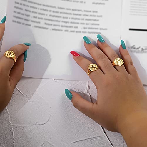 U7 Initial Ring Wedding Band for Men Women 18K Gold Plated Statement Hexagon A-Z Letter Jewelry Personalized Stackable Signet Rings - color: W