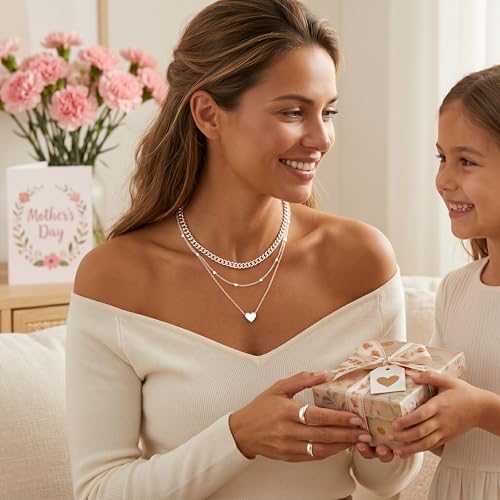 WomenGifts Layered Gold Necklaces for Women, 14K Gold Sterling Silver Plated Dainty Pendant Necklace Set Non Tarnish, Chunky Stackable Cuban Chain Choker, Trendy Birthstone Vacation Jewelry Gift - color: Silver, style: Heart Trio