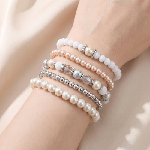 5PCS Beaded Stretch Bracelet Stackable Stylish Beaded Bracelets for Women Crystal Bead Boho Stretch Layering Stone Bracelets Trendy Costume Jewelry Gift Multilayered Disco Ball Faceted Bracelet - color: White, Silver
