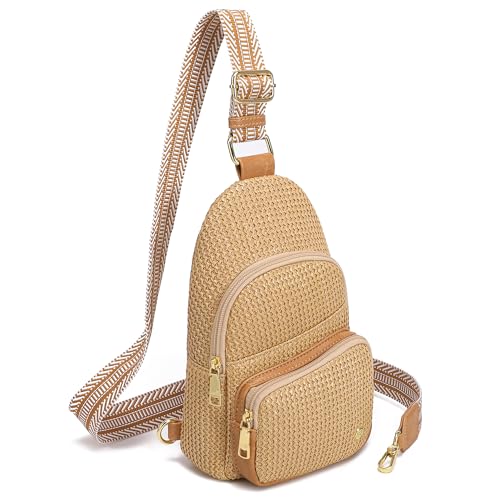 Haytijoe Faux Straw Crossbody Bags for Women RFID Summer Raffia Sling Bag Beach Vacation Travel Purse - color: Classic Khaki