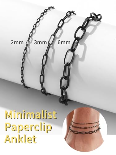 ChainsHouse Ankle Bracelets for Women, Stainless Steel Chain Anklets Waterproof, Women Summer Beach Jewelry Gift, Come with Box - color: 03. 3Pcs-(2+3+6mm)-Paperclip-Black
