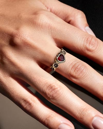 14K Gold Plated Heart Ring - Vintage Red Gemstone Ring for Women, Adjustable Garnet Birthstone Jewelry with Floral Detailing for Christmas and Valentine's Day Gifts