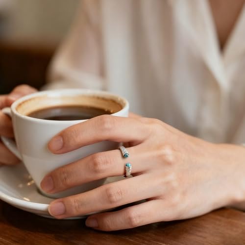 Turquoise Ring for Women Silver Open Ring with Genuine Stone Boho Adjustable Ring Western Design December Birthstone Jewelry