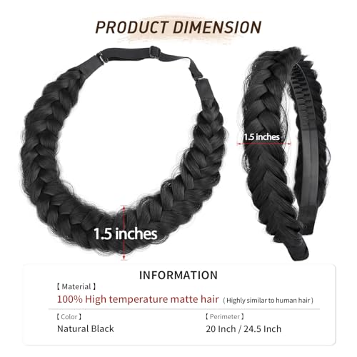 2PCs Braided Headband with teeth Handmade Messy Wide Synthetic Hair Elastic Stretch Fluffy Hairpiece for Brides (Natural Black) - color: Natural Black