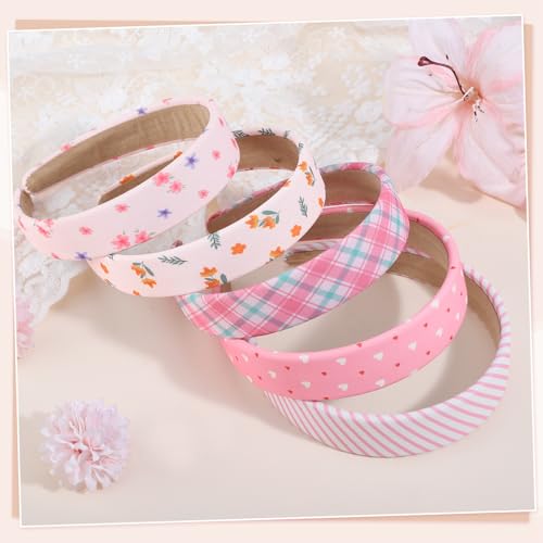 obeoby Pink Stripe Headbands for Girls Gift, 1 inch Wide Trendy Headband Non Slip for Everyday Styling Casual Outings(5Pcs) - color: Floral series