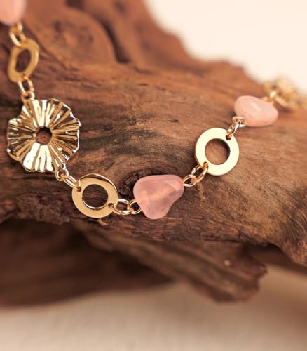 Long Gold Necklaces for Women Dainty Natural Stone Beaded Gold Necklace Mothers Day Gifts Boho Gold Costume Jewelry for Women - color: Pink Crystal