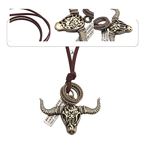 Leather Necklace for Women Long Boho Necklace Bohemian Choker Vintage Necklace Braided Boho Jewelry with Adjustable Brown Leather Cord - color: Cow Skull Necklace