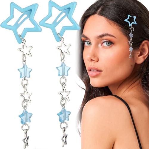 Pndeyo 2pcs Star Tassels Hair Clips for Women, Non-Slip 2000s Y2K Hair Snap Barrettes, Cute Star Beaded Pendant Hair Pin Accessories for Braid Long Short Thin Thick Hair- Blue - color: Blue