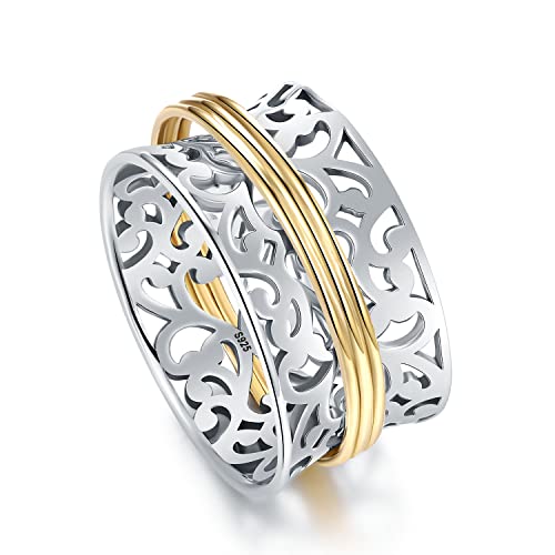 925 Sterling Silver Anxiety Ring with Beads Fidget Spinning Rings for Women Worry Beads Rings - color: filigree design