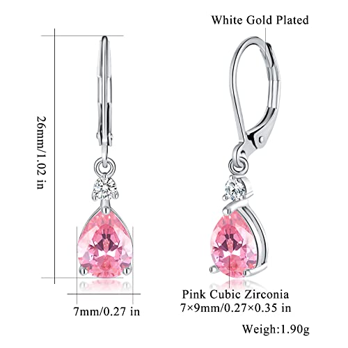 CiNily Teardrop Leverback Dangle Earrings for Women Hypoallergenic 14K Gold Plated Cubic Zircon Drop Earrings Fashion Crystal Earrings for Girls Jewelry Christmas Gifts - color: White Gold-Pink CZ