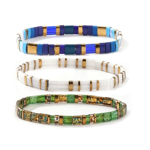 Tila Flat Square Stack Beaded Bracelets Set for Women Men, Boho 3Pcs Romantic Handmade Healing Gold Colorful Stretch Accessories Jewelry, Daily Vacation Party Holiday Friendship Gift - color: Blue white Green