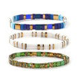 Tila Flat Square Stack Beaded Bracelets Set for Women Men, Boho 3Pcs Romantic Handmade Healing Gold Colorful Stretch Accessories Jewelry, Daily Vacation Party Holiday Friendship Gift - color: Blue white Green