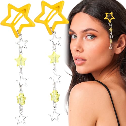 Pndeyo 2pcs Star Tassels Hair Clips for Women, Non-Slip 2000s Y2K Hair Snap Barrettes, Cute Star Beaded Pendant Hair Pin Accessories for Braid Long Short Thin Thick Hair- Yellow - color: Yellow