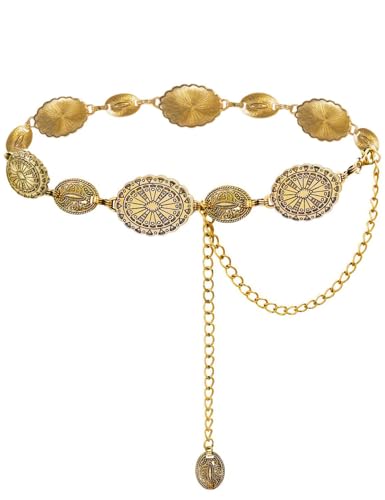 TOPACC Western Metal Concho Belt for Women Cowgirl Chain Belts for Dresses Jeans Country Concert Outfit - color: D Yellow Gold, size: Fit Waist: 26-28 in