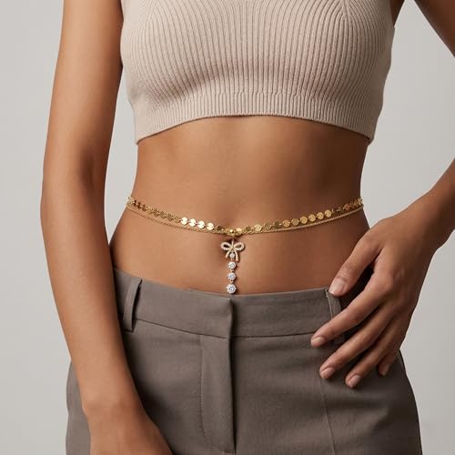 Pink Heart Belly Button Ring with Waist Chain for Women, Gold Triple Cubic Zirconia Dangle Navel Piercing, Adjustable Body Jewelry for Summer Beach Bikini - color: Chain-Style C
