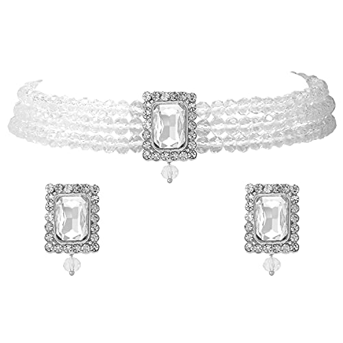 Aheli Ethnic Choker Necklace Earrings Wedding Bollywood Party Jewelry Set Gift for Women - color: White 1