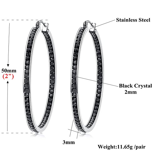 CiNily Mult-colors Crystal Stainless Steel Hoop Earring for Women Hypoallergenic Jewelry for Sensitive Ears Large Big Hoop Earrings 2" - color: Black