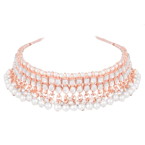 Aheli Faux Kundan Beaded Necklace Earrings Maang Tikka Indian Bollywood Ethnic Jewelry Set Gift for Women - color: Rose Gold