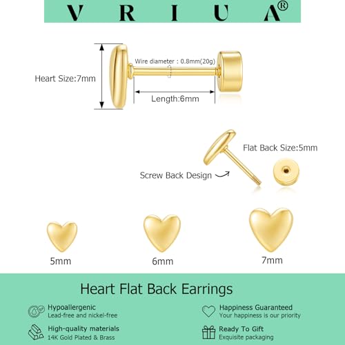 VRIUA 20G Tiny Flat Back Earrings for Women - 14K Gold/Silver Plated Small Flat Back Stud Earrings Hypoallergenic Cartilage Helix Piercing Jewelry - color: 5/6/7mm-Heart Flat Gold