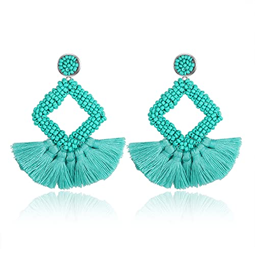 Long Tassel Earrings Statement Bohemian Pom Ball Handmade Drop Dangle Earrings for Women - style: S-Green