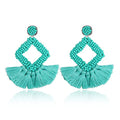 Long Tassel Earrings Statement Bohemian Pom Ball Handmade Drop Dangle Earrings for Women - style: S-Green