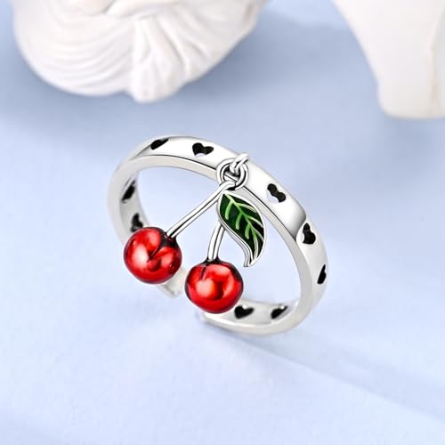 PARCOM Adjustable Women Stackable Ring, 925 Sterling Silver Open Rings - Trendy Eternity Cubic Zirconia Stackable Band Engagement Promise Ring for Her, Hypoallergenic Non Tarnish Nature Bird Floral Thumb Rings - color: Cherry Shaped