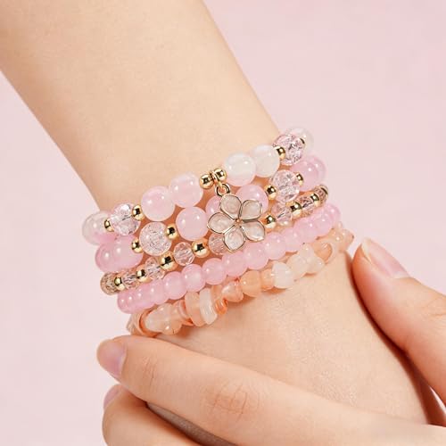coadipress 5Pcs Bohemian Flower Stackable Bead Bracelets for Women Multilayer Crystal Glass Beaded Charm Bangles Bracelet Boho Summer Beach Hawaii Holiday Statement Jewelry - color: Pink