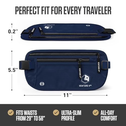 VENTURE 4TH Money Belt for Travel – Slim Hidden Under-Clothes RFID Blocking Anti-Theft Passport Holder & Travel Wallet Pouch for Men & Women to Protect Cash, Cards & Documents (Navy Blue) - color: Navy Blue