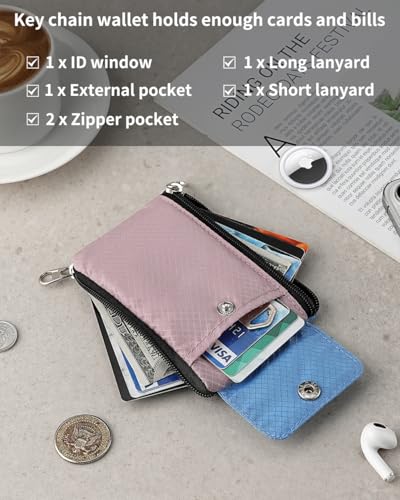 Artpaxy Minimalist Wallet For Mens Womens, Keychain RFID Blocking Zipper Small Wallet with ID Window 2 Lanyards,Water Resistant Travel Cash Card Coin Case Boys Girls - color: Light pink purple+Light blue, style: Casual
