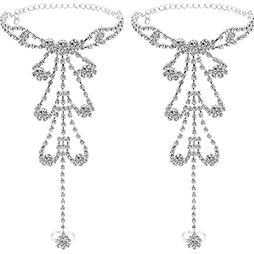 Summer Barefoot Sandals with Foot Chain Jewelry, Crystal Toe Ring Anklets & Bridal Rhinestone Foot Chain for Women (Silver)