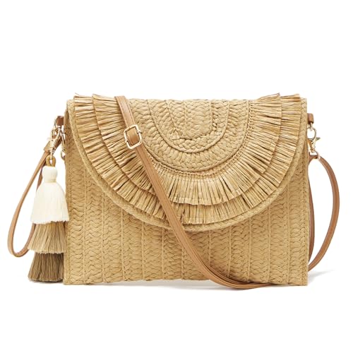 Small Straw Purse for Women Summer Clutch Purses Beach Woven Envelope Bag Raffia Shoulder,Straw Crossbody Bag boho - color: Tassels Brown
