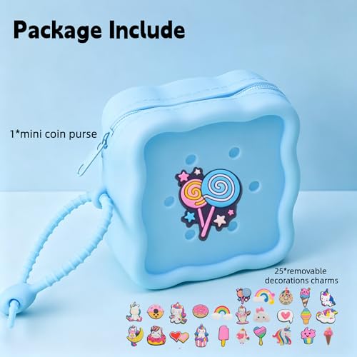 Soft Silicone Zipper Coin Purse Lovely Cartoon Hole Design Miniature Wallet Children's Storage Pouches Organizers For Kid with 25pcs DIY Charms (Blue) - color: Blue
