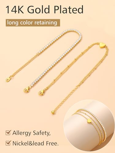 FindChic Black/Silver/Gold Plated Anklets Set of 2PCS/3PCS Herringbone Chain Cuban Link Heart Charm Sparkling Tennis Ankle Bracelets, Waterproof Summer Foot Jewelry for Beach - color: 05. Gold-2PCS Tennis & Beaded Heart