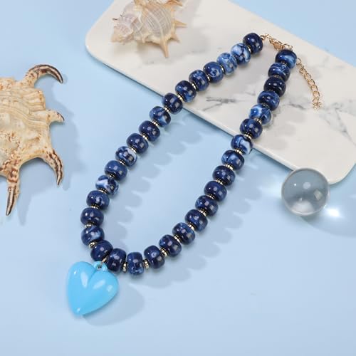 Chunky Colorful Beaded Statement Boho Summer Beach Chokers Necklace Heart Pendant Pink Green Yellow Brown Fashion Jewelry - color: Gold-navy blue