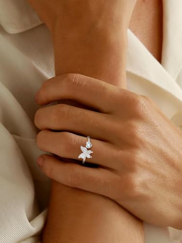 Bestyle 925 Sterling Silver Butterfly Ring Hypoallergnic Adjustable Birthstone Rings for Women Butterfly Jewelry Gifts for Anniversary Mothers' Day Birthday - color: 04.April (Diamond)
