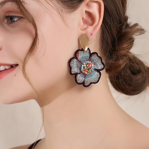 Boho Floral Embroidered Earrings with Colorful Bead Accents and Crystal Center for Women - color: Light Blue