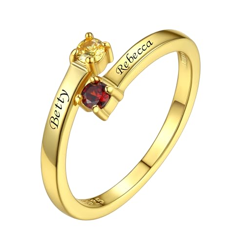 Custom4U Personalized 1-4 Birthstone Rings for Women Promise Rings for Her Sterling Silver Mothers Ring Customized Cubic Zirconia Stones Wedding/Valentine's Day/Mother's Day Jewelry Gift for Mom Wife - color: B-2 Names-Gold