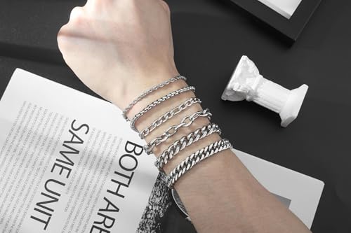 XIANNVXI 6pcs Bracelets for Men Gifts for Him Stainless Steel Bracelet Silver/Gold/Black Cuban Link Rope Paperclip Chain Bracelets Set 6.5/7/7.5/8.3/9 Inches Metal Bracelet Mens Fashion Accessories Jewelry Gifts Set - color: Silver, size: 7.5 in-Men Small