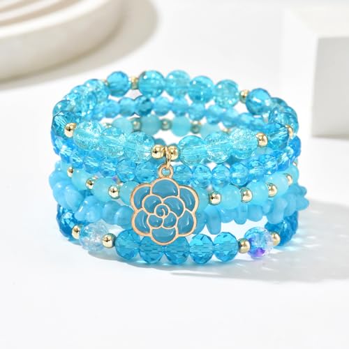 LOTSOF Boho Flower Beaded Bracelet Set for Women - Multilayer Crystal & Flower Charm Stackable Bracelets, Fashion Jewelry Gift for Her - color: Blue