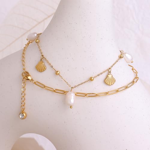 Boho Beads Beach Layered Anklet Set for Women, Handmade Gold Starfish Pearl Shell Anklets Summer Ocean Accessories Jewelry Gift - color: Papercilp