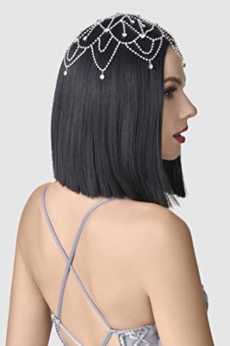 BABEYOND 1920s Crystal Cap Headpiece Rhinestone Head Chain Roaring 20s Great Gatsby Hair Accessories for Art Deco Party (Silver) - color: Silver