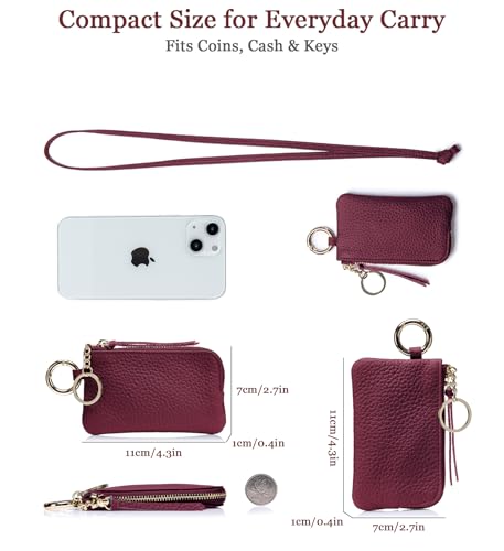 Mini Coin Wallet for Women – Genuine Leather Zipper Coin Purse with Wrist Strap & Keychain, Compact Change Holder & Travel Wallet with Gift Box (Wine Red) - color: Wine Red