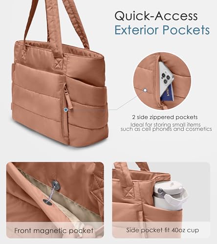 Tote Bag for Women with Zipper, Quilted Puffer Tote Bag with Compartments, Lightweight Puffy Work Bags for Women Travel - color: Pecan Brown