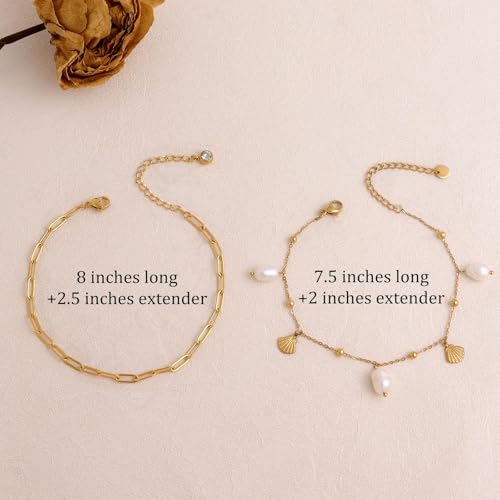 Dainty Gold Shell Pearl Ankle Bracelets for Women, Trendy Anklet Stack Charm Bracelet Adjustable Chain Summer Ocean Beach Accessories Fashion Jewelry Gift - color: PigNose Chain