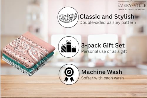 Classic Paisley Bandanas - 3 Pack Gift Set, 100% Cotton, 22x22 Inches - color: White Pink Teal
