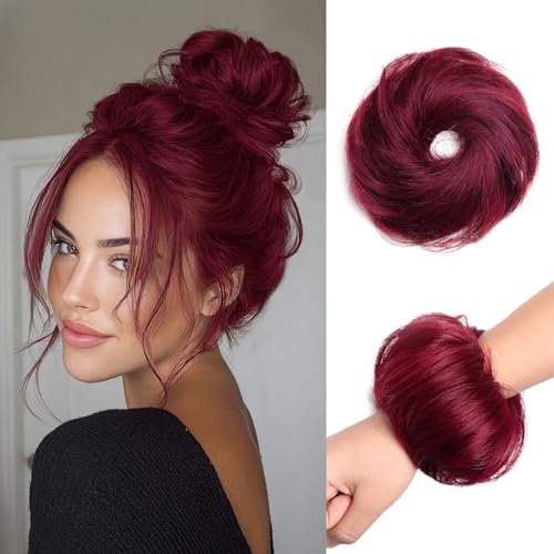 Messy Bun Hair Piece 100% Human Hair Chignons Scrunchies Elastic Rubber Band Hair Buns Scrunchie Donut Updo Real Hair Fake Messy Bun Extensions Wigs Buns Hairpieces for Women Burgundy - color: BUG