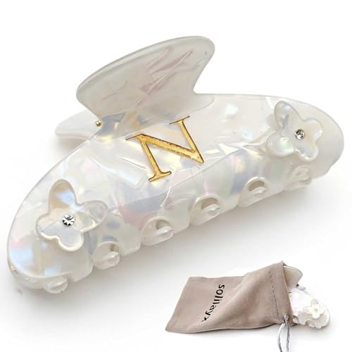 Iridescent Pearl Hair Claw Clip with Butterfly & Initial Charm, Fashionable Acrylic Hair Accessories for Women - color: N