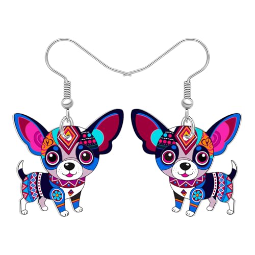 BONSNY Colorful Cute Chihuahua Dangle Earrings Mexican Folk Art Style Dog Pets Design Gifts for Chihuahua Lovers Women Fun Hypoallergenic Jewelry Accessories - color: Purple