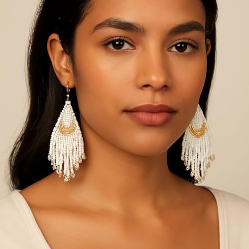 Bohemian Beaded Long Tassel Dangle Earrings for Women, Handmade Jewelry White Tarnish Resistant Lightweight Design, Stylish Accessory for Beach Vacation Party and Gift - color: white-02