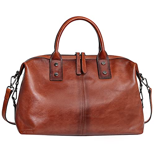 Iswee Genuine Leather Satchel Tote Bag Top Handle Handbag Designer Shoulder Bag Large Capacity Cross Body Bag - color: Brown